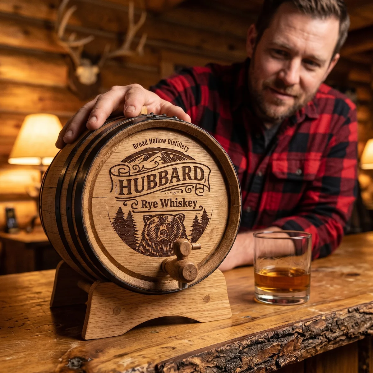 A man at a cabin bar with a 2 liter oak barrel he designed himself, engraved with his name and a bear