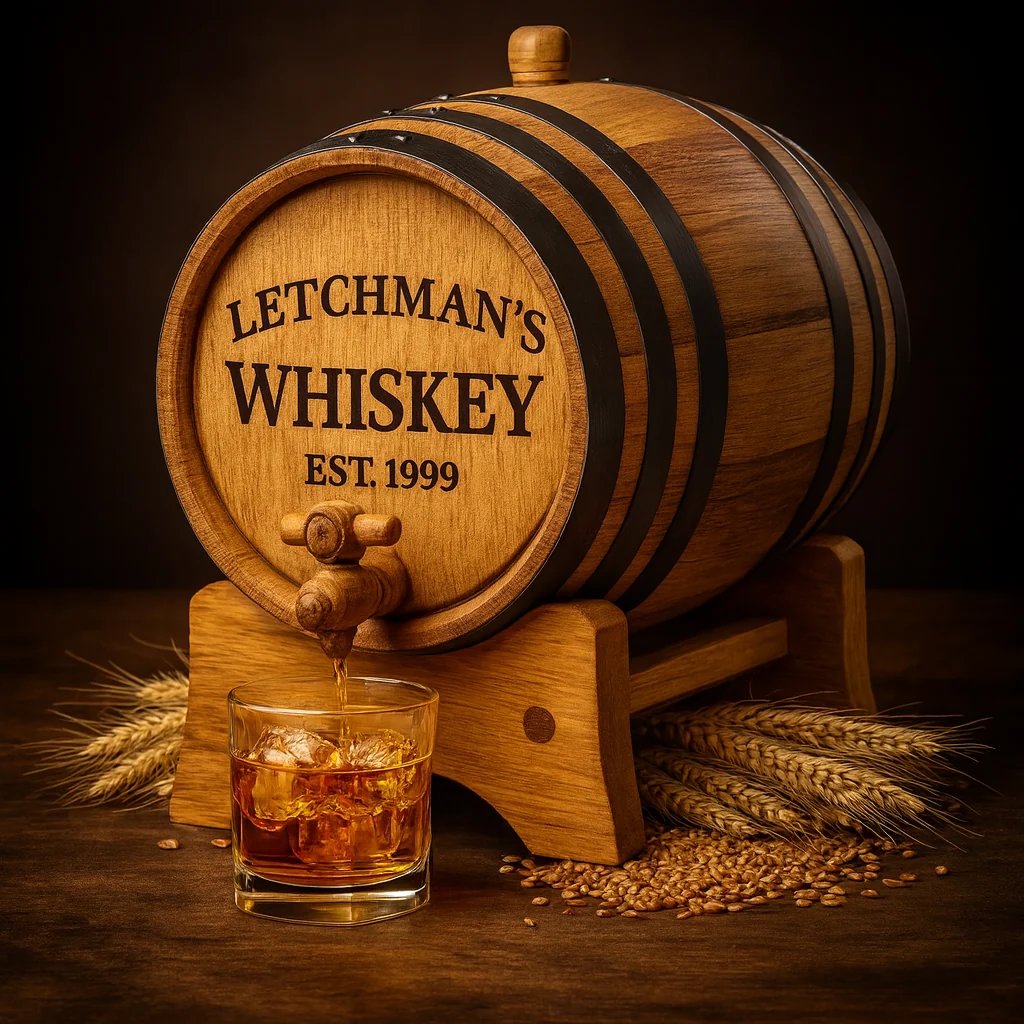 Engraved oak barrel pouring whiskey into a glass