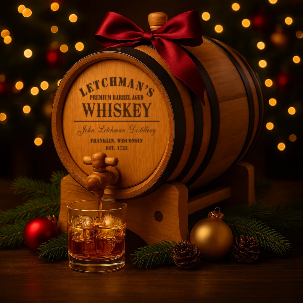 Engraved oak barrel with a red bow, pouring whiskey beside a Christmas tree