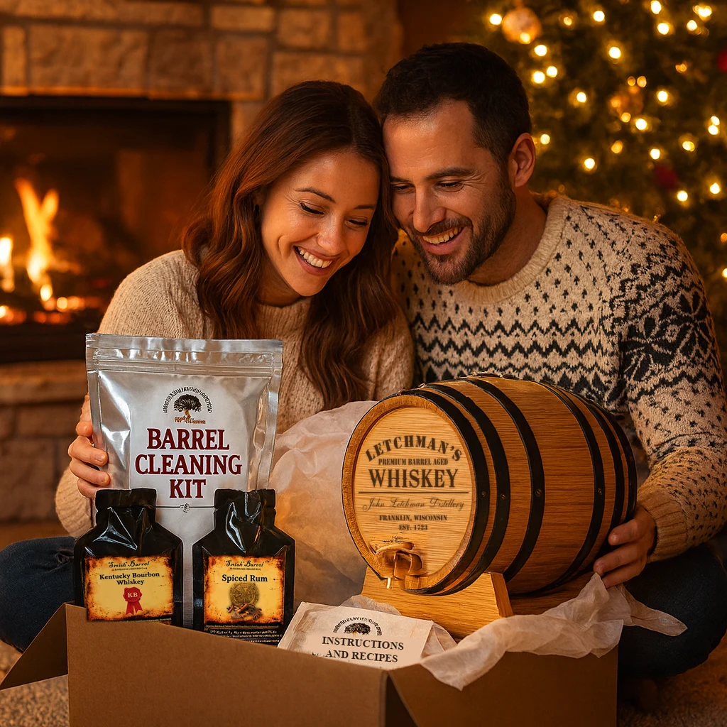 A couple by the fire opening a Personalized Bootleg Whiskey Kit: engraved barrel, essence packets, cleaning kit and recipe booklet