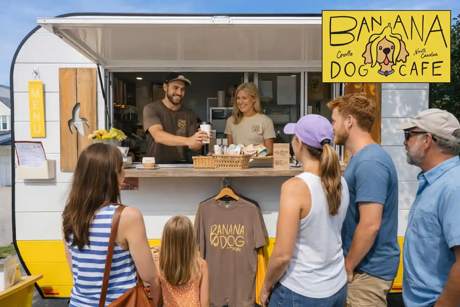 Customers ordering coffee and snacks at Banana Dog Cafe food truck in Corolla, North Carolina, Outer Banks, with friendly staff serving drinks from a bright, beachside café trailer.