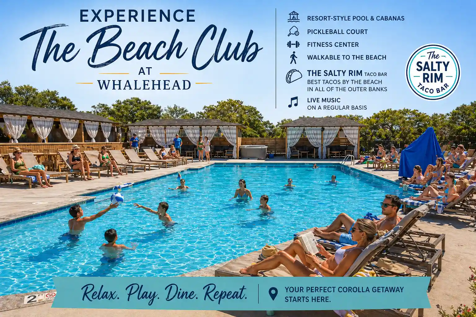 Resort-style pool at the Beach Club at Whalehead in Corolla NC with families swimming, guests relaxing in cabanas and lounge chairs, and amenities including fitness center, pickleball courts, and the Salty Rim Taco Bar