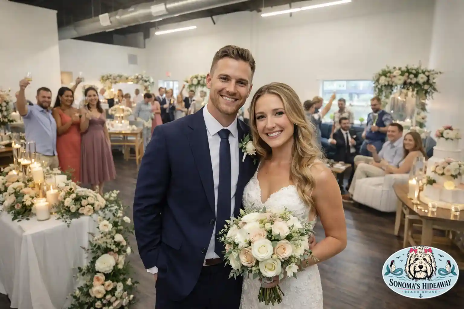 Bride and groom smiling at an indoor wedding reception at the Beach Club at Whalehead in Corolla NC, with guests celebrating in a beautifully decorated Outer Banks event venue