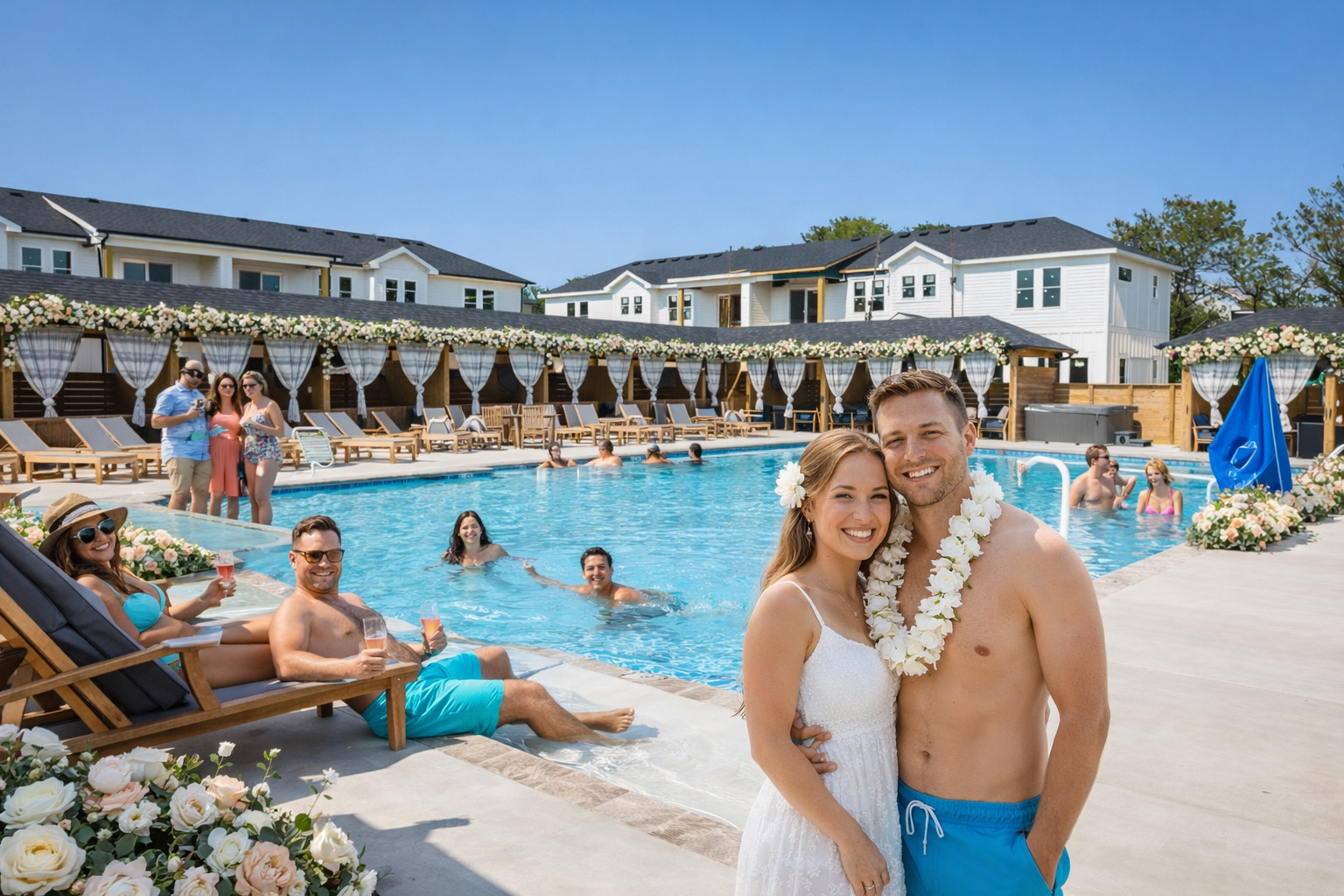 Poolside wedding celebration at the Beach Club at Whalehead in Corolla NC with guests enjoying resort-style amenities