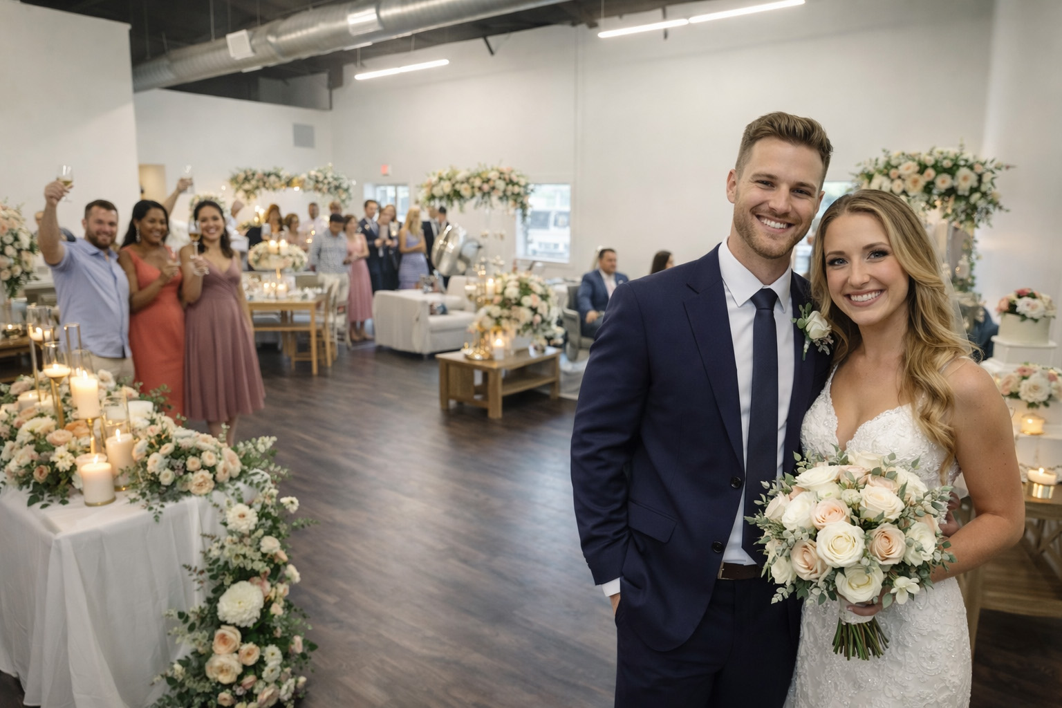 Bride and groom celebrating at a wedding reception inside the Beach Club at Whalehead in Corolla North Carolina