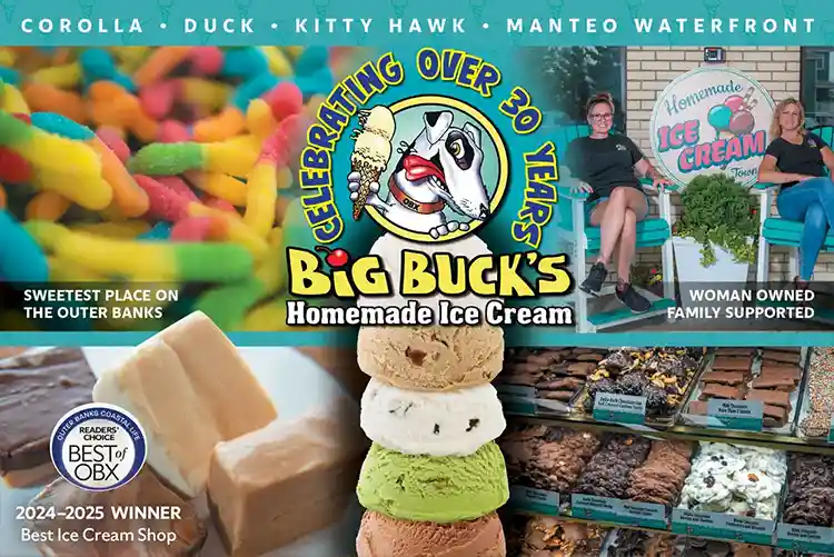 Big Buck’s Homemade Ice Cream in Corolla NC featuring colorful ice cream, desserts, and award-winning Outer Banks sweet shop
