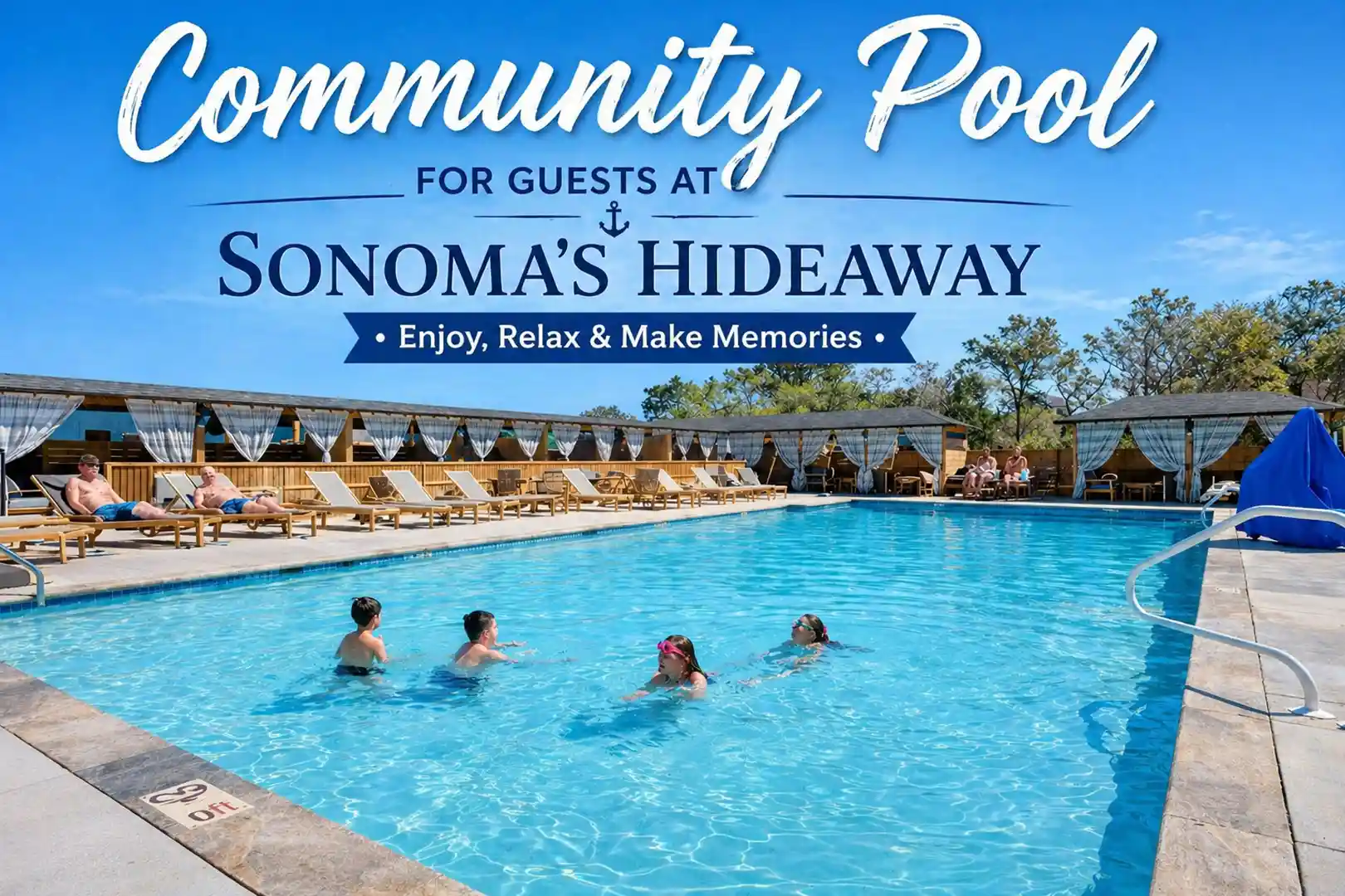 Community pool at Sonoma’s Hideaway in Corolla Outer Banks featuring resort-style cabanas, lounge chairs, and families enjoying a sunny day at the Beach Club at Whalehead