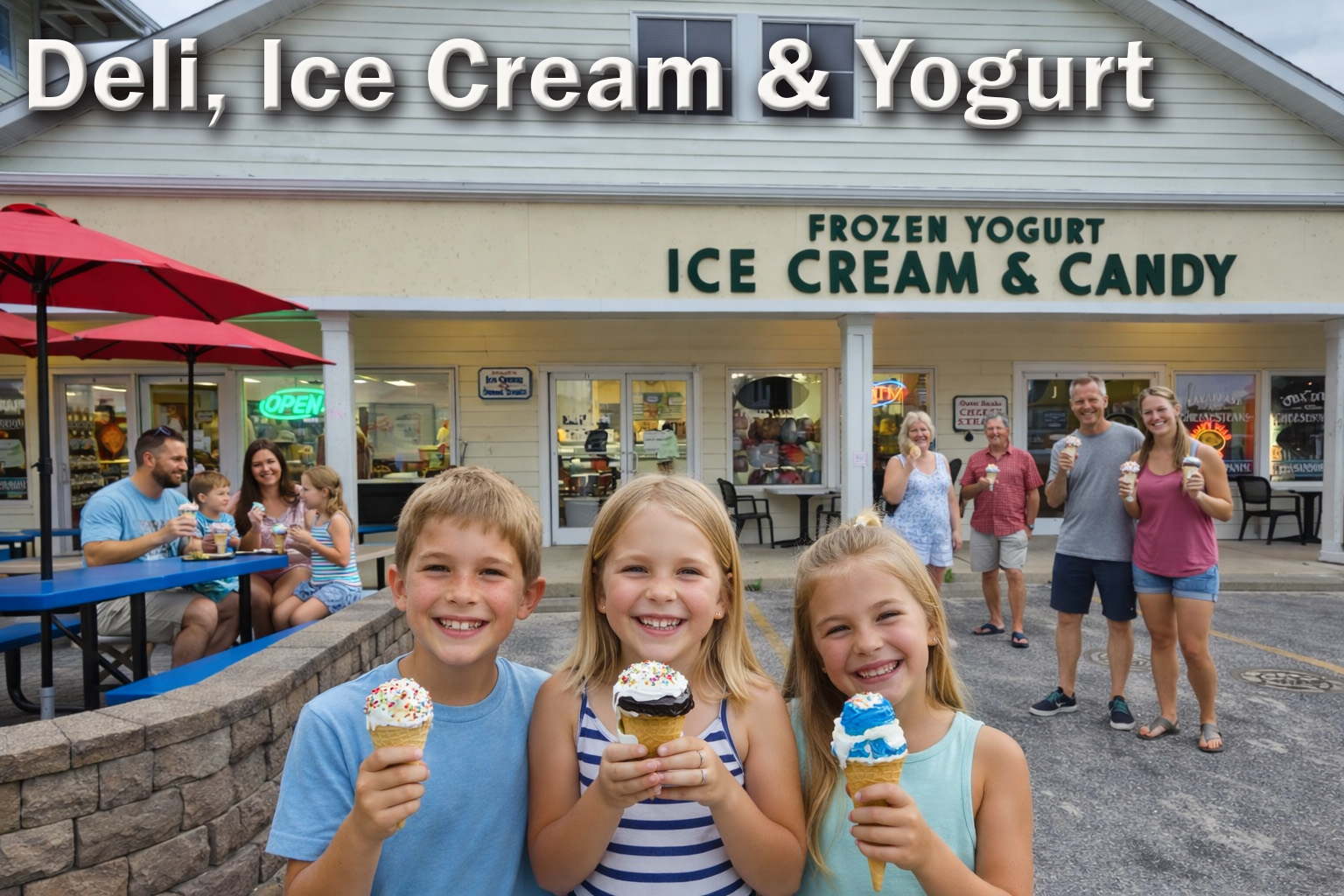 Children and families enjoying ice cream cones outside a deli and frozen yogurt shop in Corolla, North Carolina, highlighting a fun, family-friendly dessert stop in the Outer Banks.
