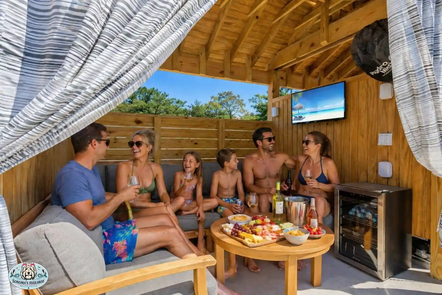 Families and friends relaxing in a private cabana at the Beach Club at Whalehead in Corolla NC, enjoying drinks, food, and shaded seating at this Outer Banks vacation rental amenity