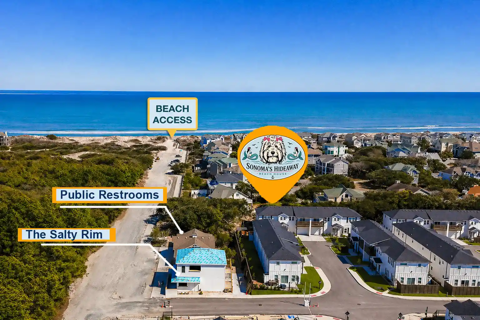 Aerial view of Sonoma’s Hideaway in Corolla Outer Banks showing the community pool, The Salty Rim restaurant, Historic Corolla Park, and Currituck Beach Lighthouse near the coastline