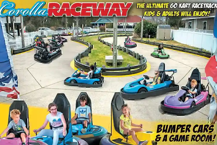 Corolla Raceway go karts in the Outer Banks featuring kids and adults racing and bumper cars family activity in Corolla NC