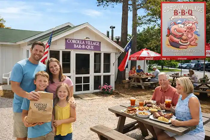 Family enjoying barbecue and outdoor dining at Corolla Village BBQ in Corolla, North Carolina, with picnic tables, classic Southern dishes, and a relaxed Outer Banks atmosphere.