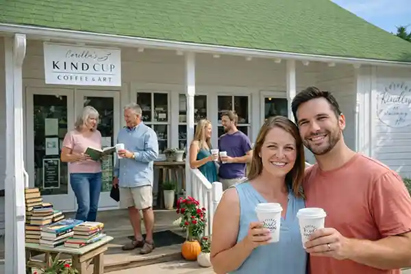 Couple holding coffee outside Corolla’s Kind Cup Coffee & Art shop in Corolla, North Carolina, with visitors enjoying drinks, books, and a relaxed coastal café atmosphere in the Outer Banks.