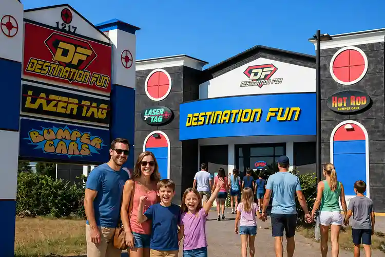 Happy family standing and walking into Destination Fun arcade and laser tag center in the Outer Banks, North Carolina.