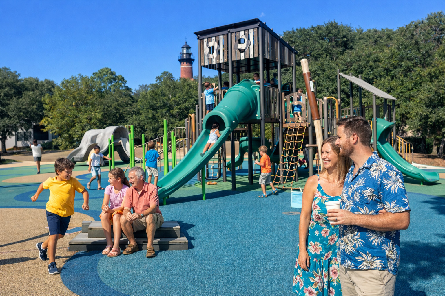 Families and children playing at the Historic Corolla Park playground with Currituck Beach Lighthouse in the background in Corolla North Carolina