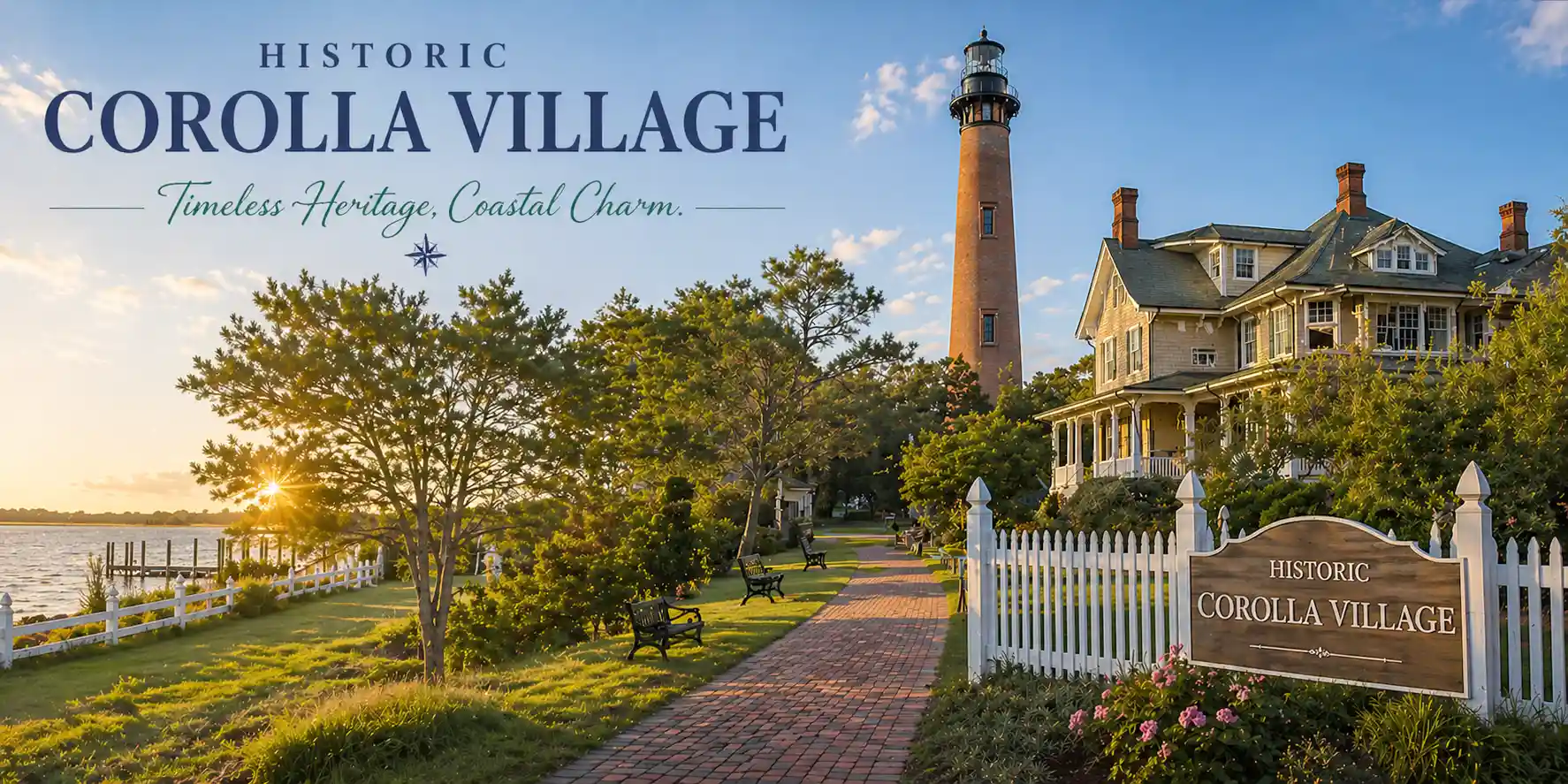 Scenic sunset view of Historic Corolla Village featuring a coastal lighthouse, charming waterfront homes, and a brick walkway along the sound, with overlay text reading “Historic Corolla Village – Timeless Heritage, Coastal Charm.”