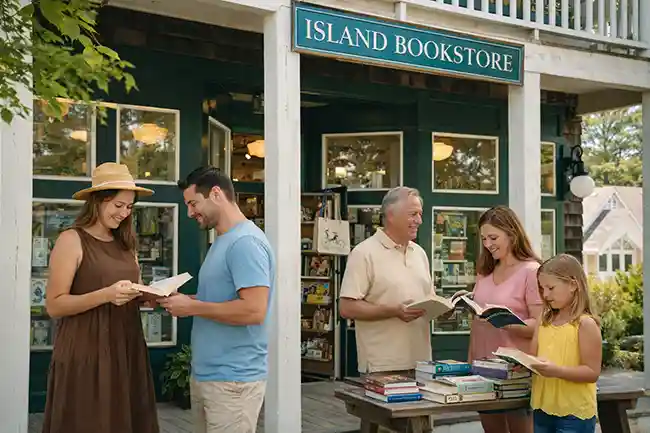Visitors browsing and reading books outside Island Books bookstore in Historic Corolla Village, Outer Banks, North Carolina, with a cozy storefront and relaxed coastal atmosphere.