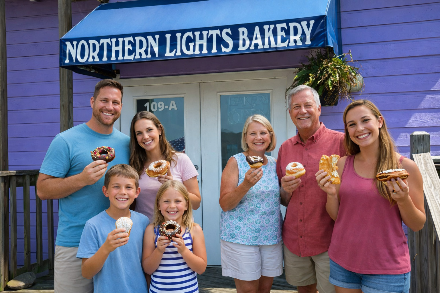 Family enjoying fresh donuts outside Northern Lights Bakery in Corolla, North Carolina, a popular Outer Banks spot known for sweet treats and casual, family-friendly atmosphere.