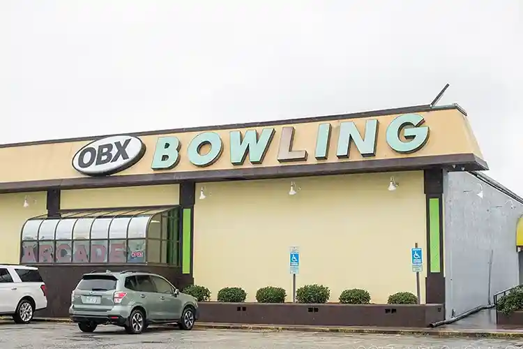 Exterior of OBX Bowling Center with arcade in the Outer Banks, North Carolina, a popular family-friendly activity spot.