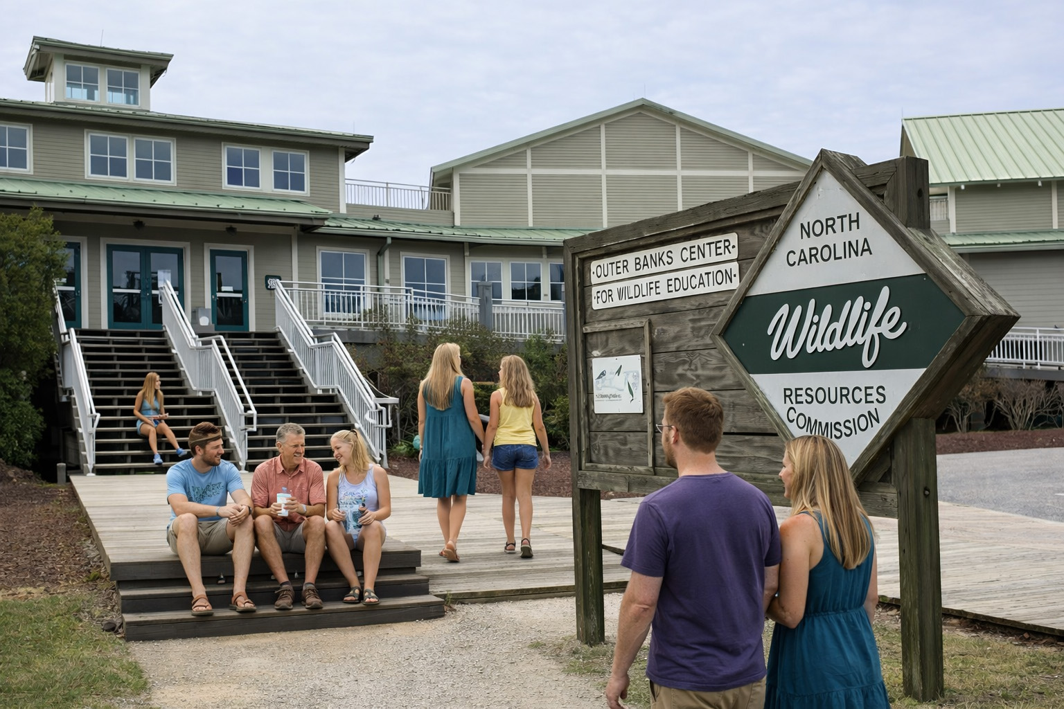Families visiting the Outer Banks Center for Wildlife Education in Historic Corolla Park, learning about North Carolina coastal wildlife and natural habitats
