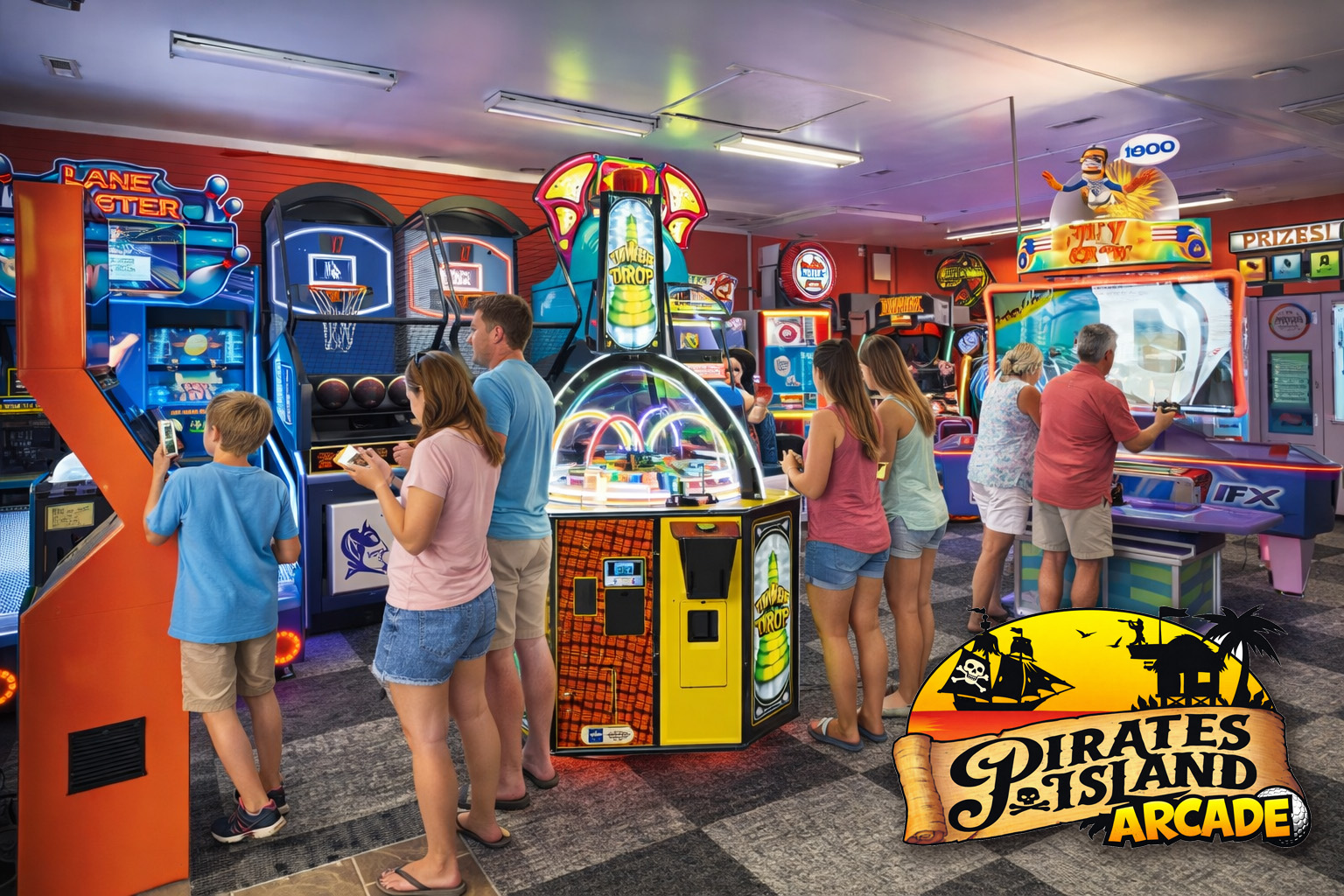 Families and kids playing arcade games at Pirates Island Arcade in Corolla, North Carolina, featuring colorful machines and a lively, family-friendly entertainment experience in the Outer Banks.