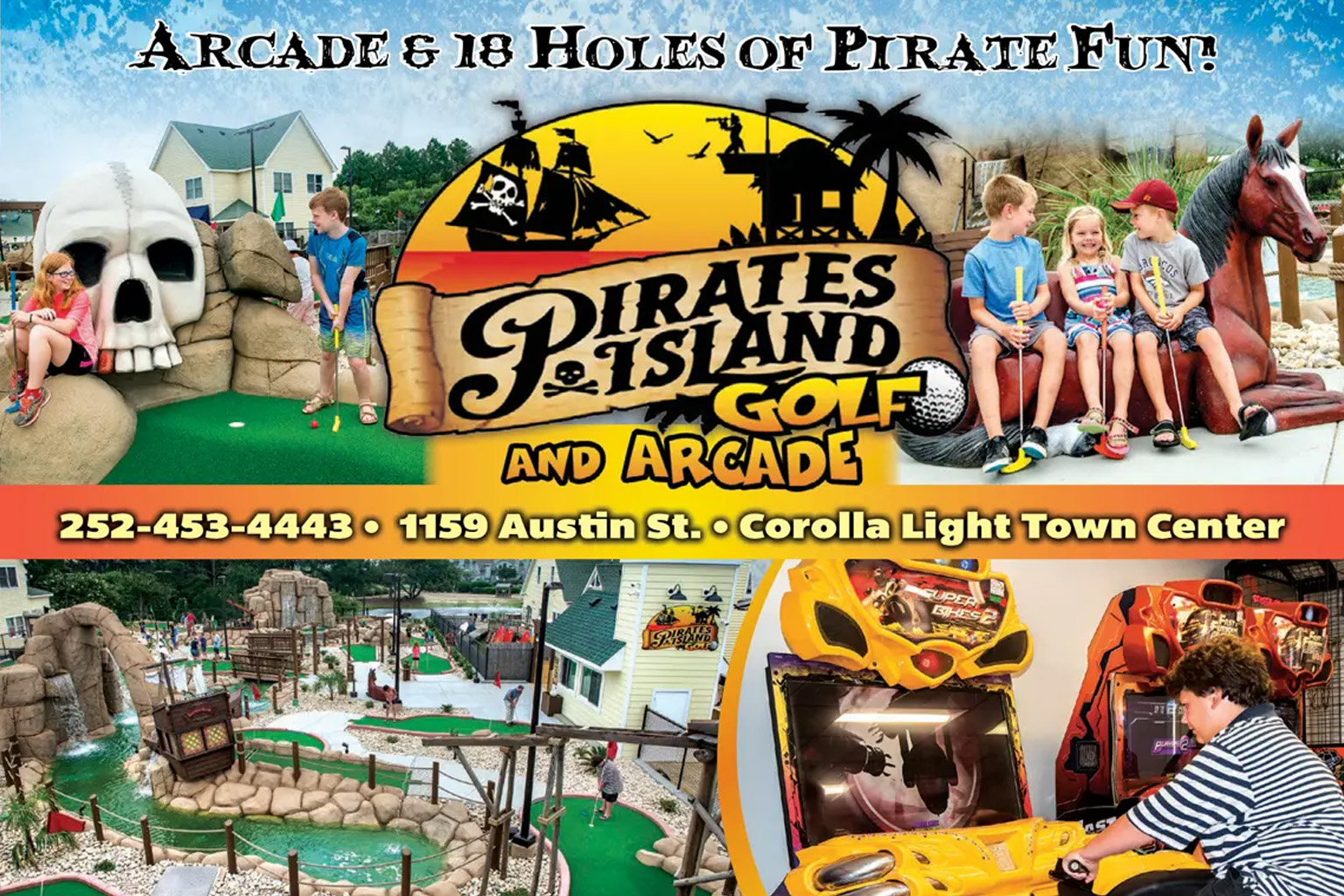 Pirates Island Golf and Arcade at Corolla Light Town Center in Corolla, North Carolina, featuring pirate-themed mini golf courses, arcade games, and family-friendly entertainment in the Outer Banks.