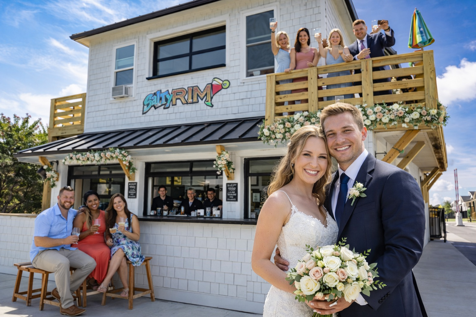 Bride and groom celebrating near The Salty Rim at the Beach Club at Whalehead in Corolla Outer Banks
