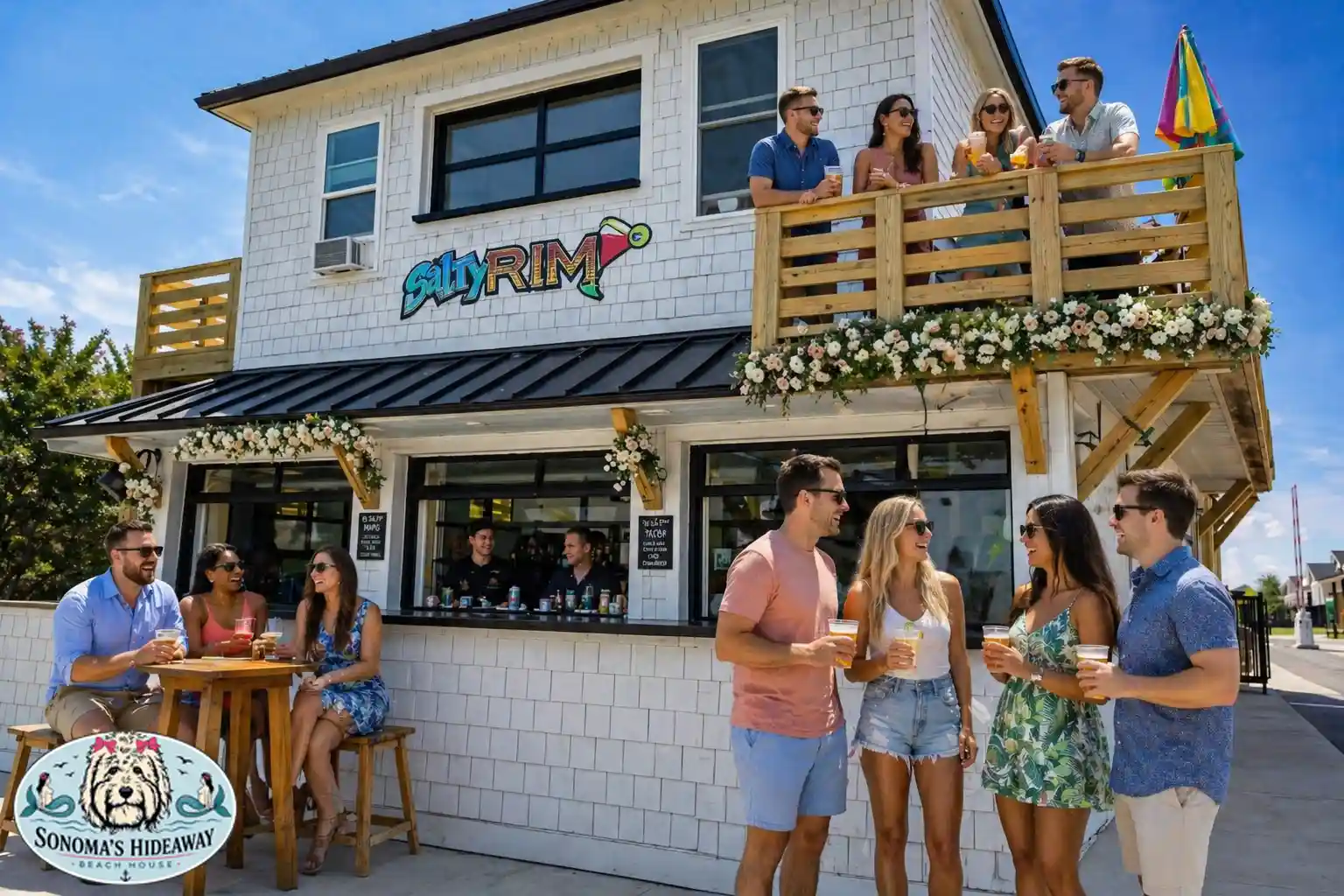 Guests enjoying drinks and socializing at The Salty Rim Taco Bar in Corolla NC, located at the Beach Club at Whalehead, a popular outdoor dining spot for Outer Banks vacation rentals