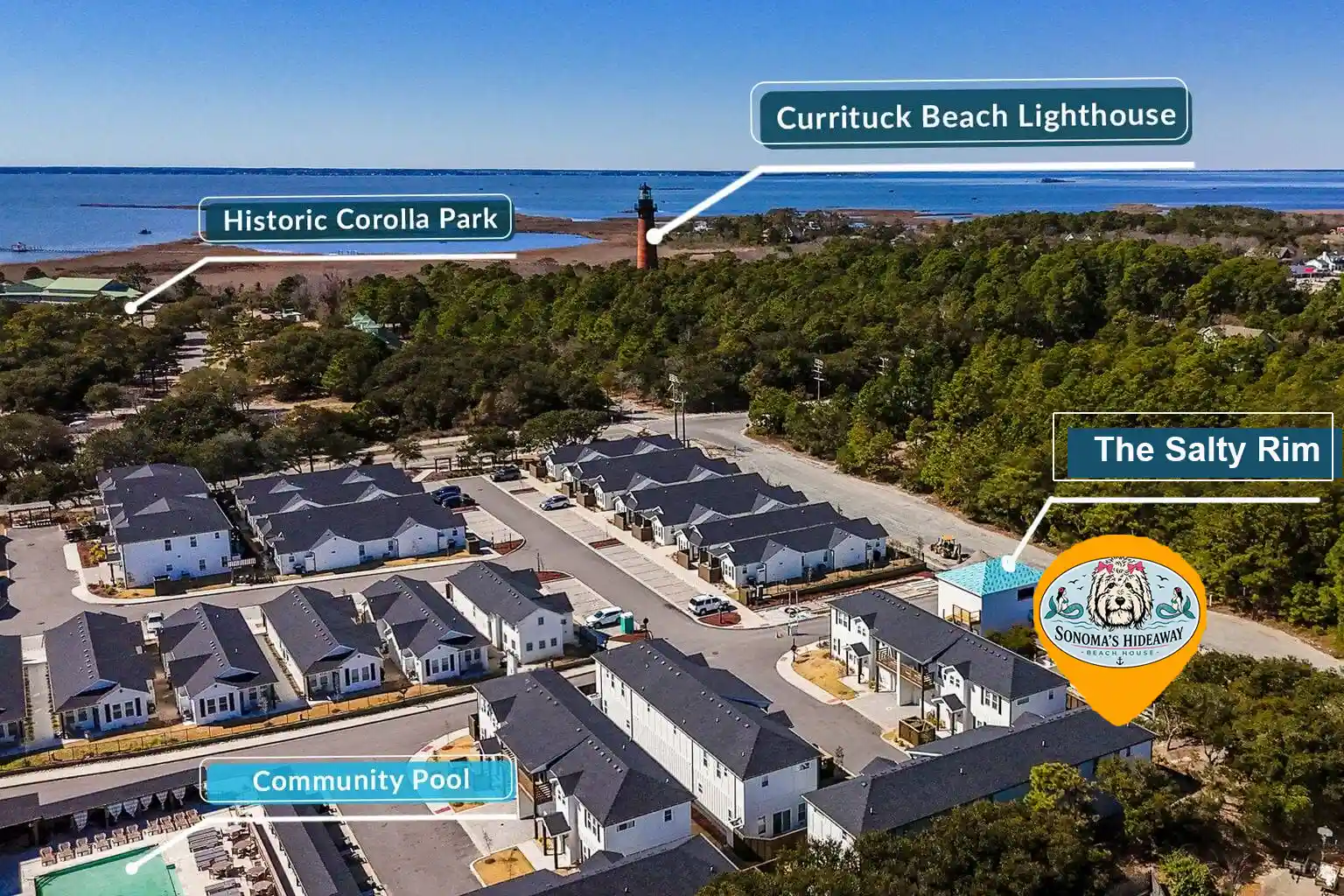 Aerial view of Sonoma’s Hideaway in Corolla, North Carolina highlighting direct beach access, The Salty Rim, public restrooms, and nearby Outer Banks homes along the oceanfront