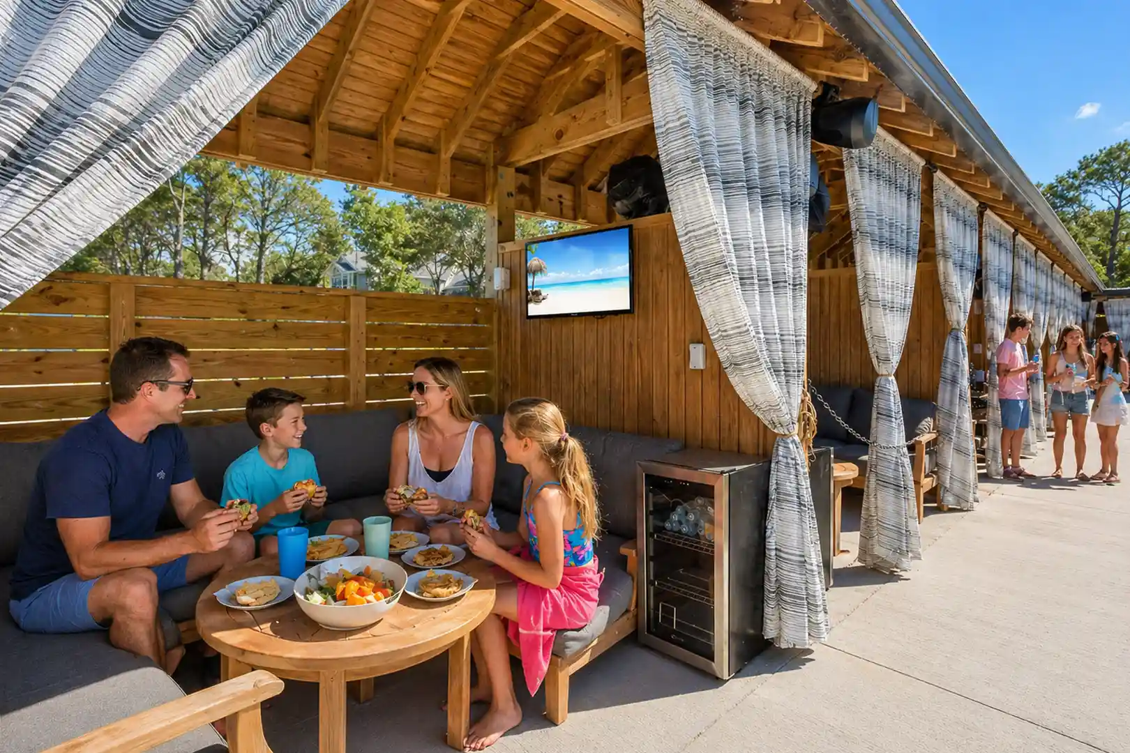 Family enjoying lunch inside a poolside cabana at Sonoma’s Hideaway in Corolla Outer Banks with shaded seating, mini fridge, and nearby guests relaxing