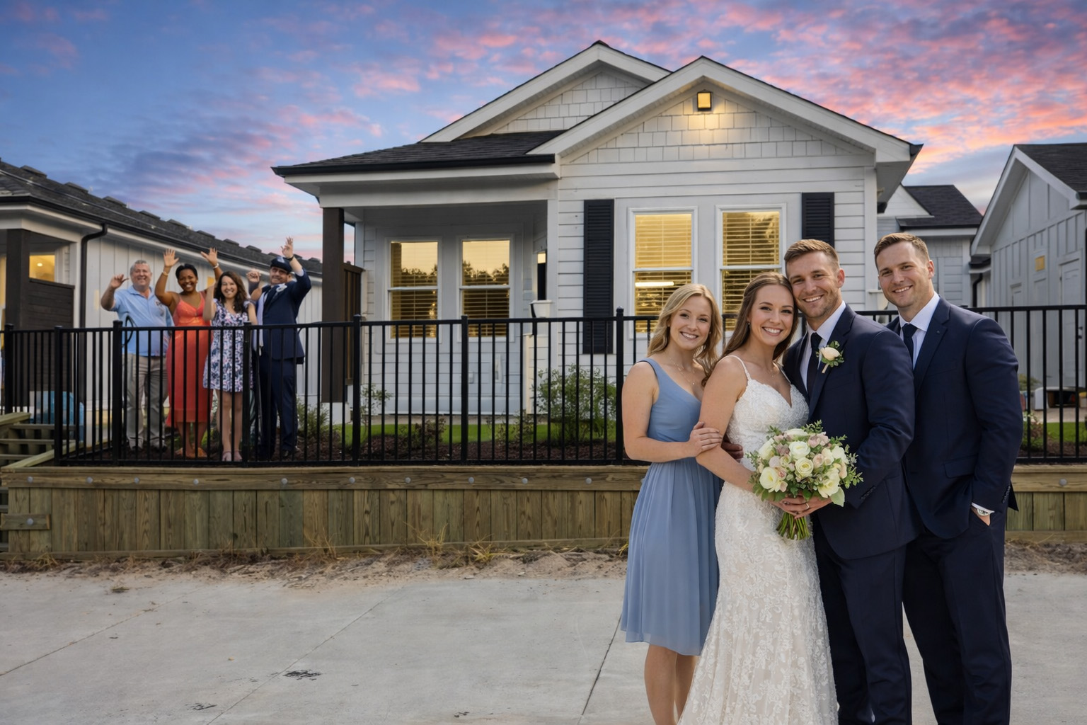 Wedding guests gathered outside Sonoma’s Hideaway in Corolla NC for a destination wedding celebration