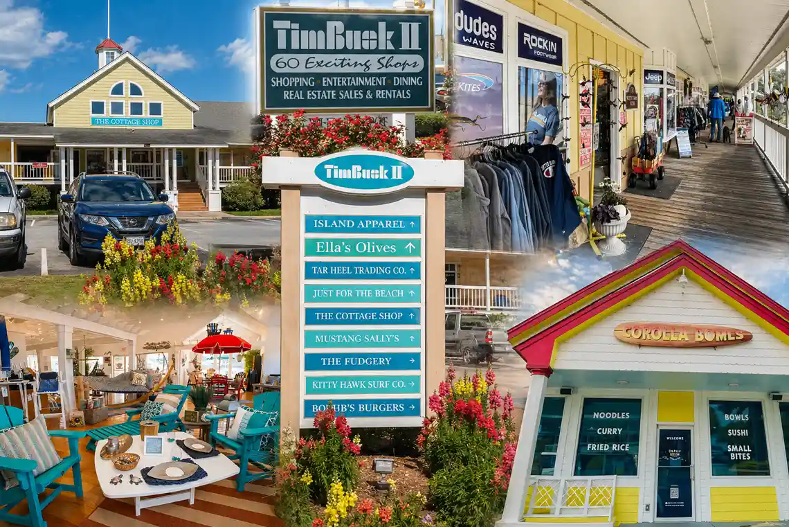 Collage of TimBuck II Shopping Village in Corolla NC featuring shops, dining, storefronts, and outdoor walkways in the Outer Banks