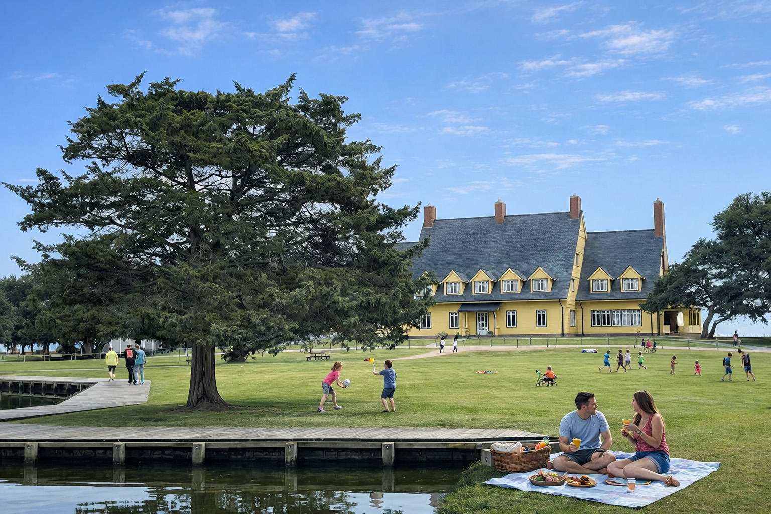 Families enjoying a picnic and outdoor activities near the Whalehead Club in Historic Corolla Park, Corolla NC, with waterfront views and open green space