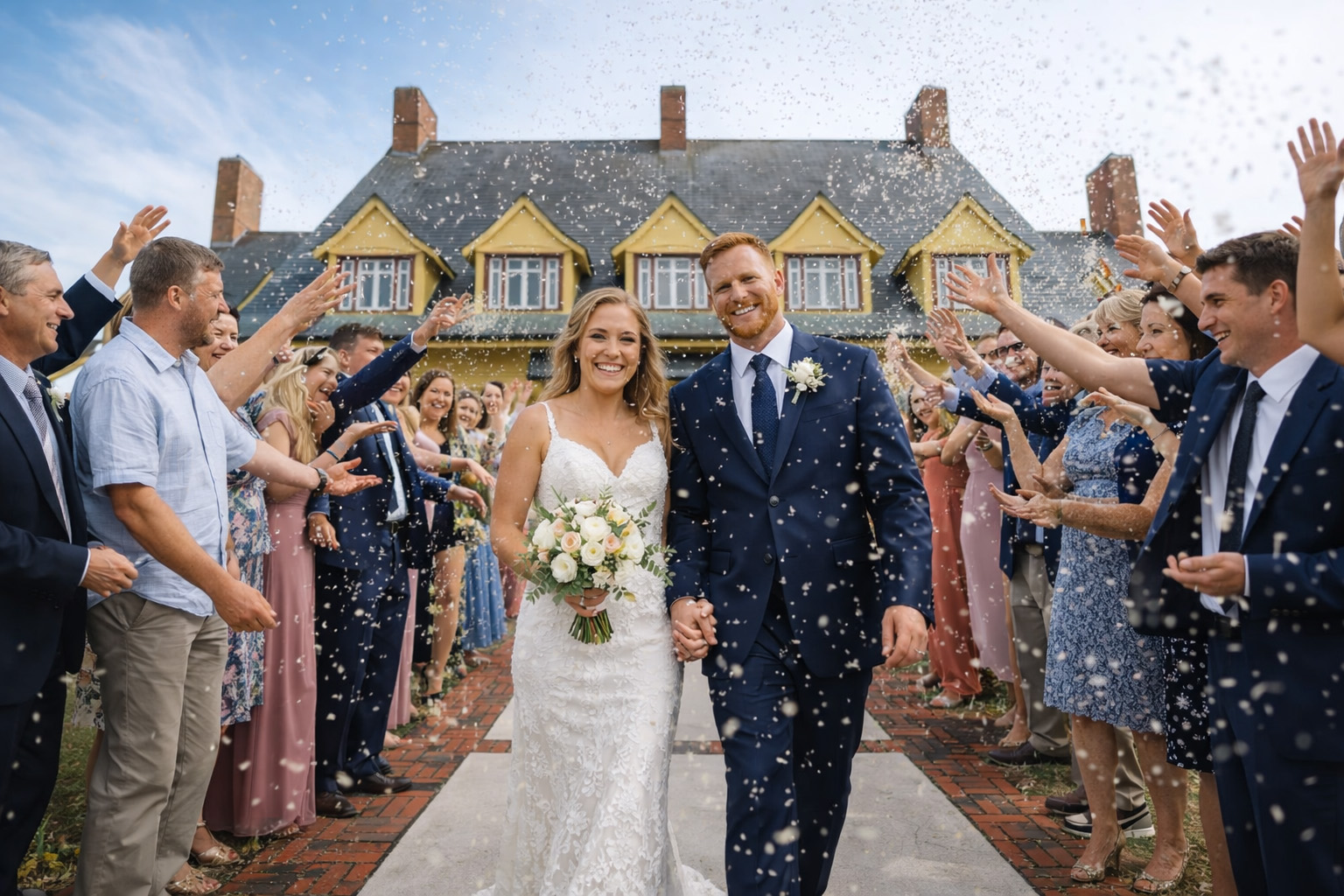 Bride and groom walking through cheering wedding guests outside the Whalehead Club in Corolla North Carolina