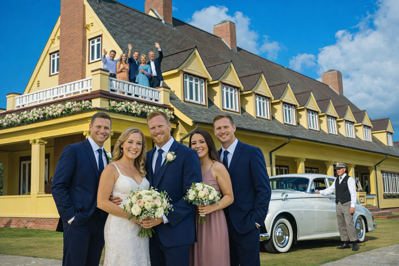 Bride and groom posing at the Whalehead Club in Corolla NC with a vintage car during an Outer Banks wedding