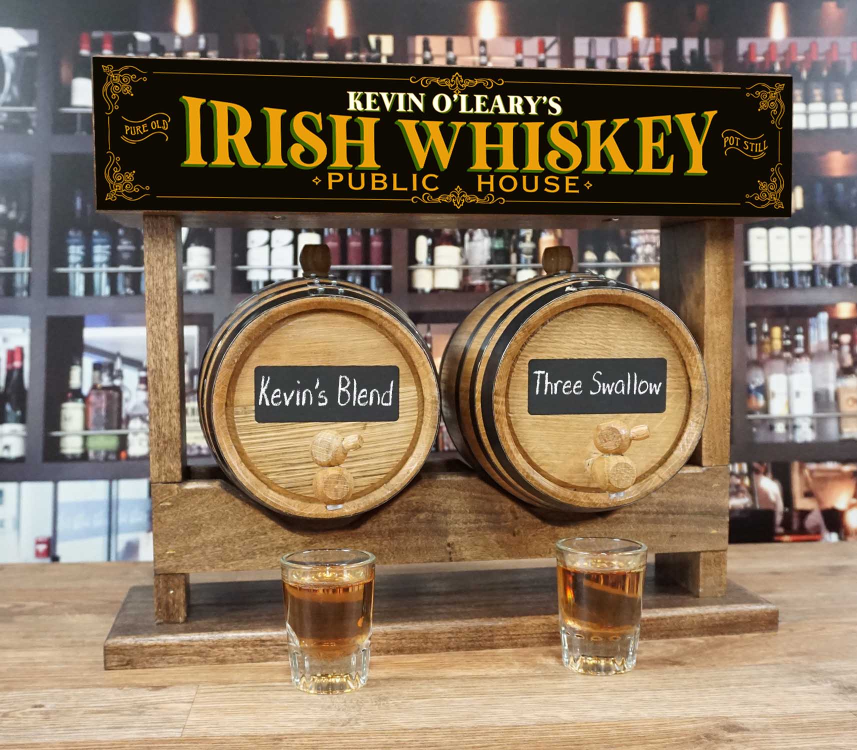 Personalized Irish Whiskey Pub Double Barrel Racking System with Two American White Oak Barrels