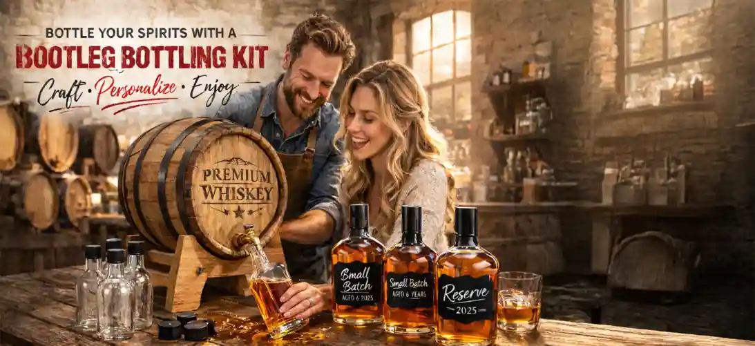 Couple bottling whiskey from a small oak barrel using the Bootleg Bottling Kit, filling 375ml glass bottles and creating custom labeled small batch bourbon at home.