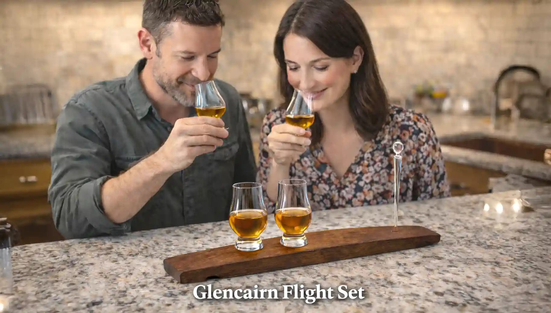 Couple smiling and nosing whiskey with Glencairn glasses beside a wooden Glencairn Flight Set on a granite kitchen countertop.