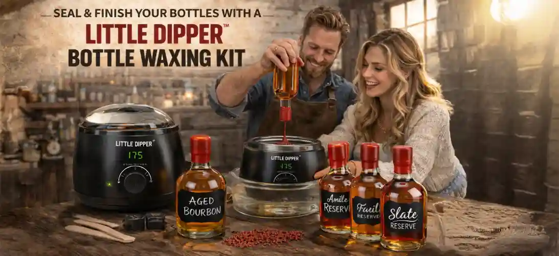 Couple using the Little Dipper Bottle Waxing Kit to dip and seal whiskey bottles with red wax, creating professional wax-sealed bourbon bottles for gifting and home distilling presentation.