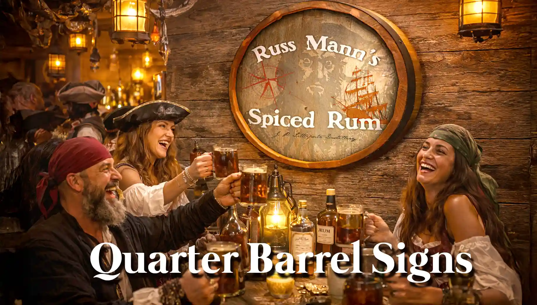 Quarter Barrel Signs displayed on a pirate-themed bar wall with people dressed as pirates enjoying rum in a rustic tavern setting.