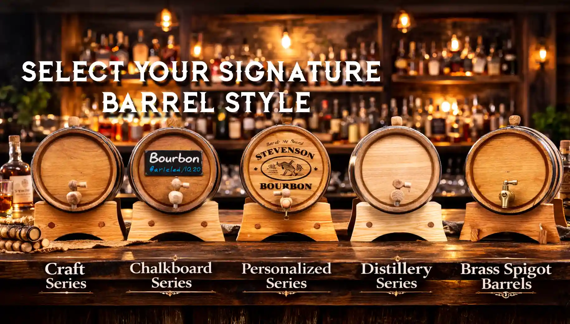 Five whiskey aging barrels from Thousand Oaks Barrel Co including Craft, Chalkboard, Personalized, Distillery, and Brass Spigot series displayed on a rustic bar backdrop.