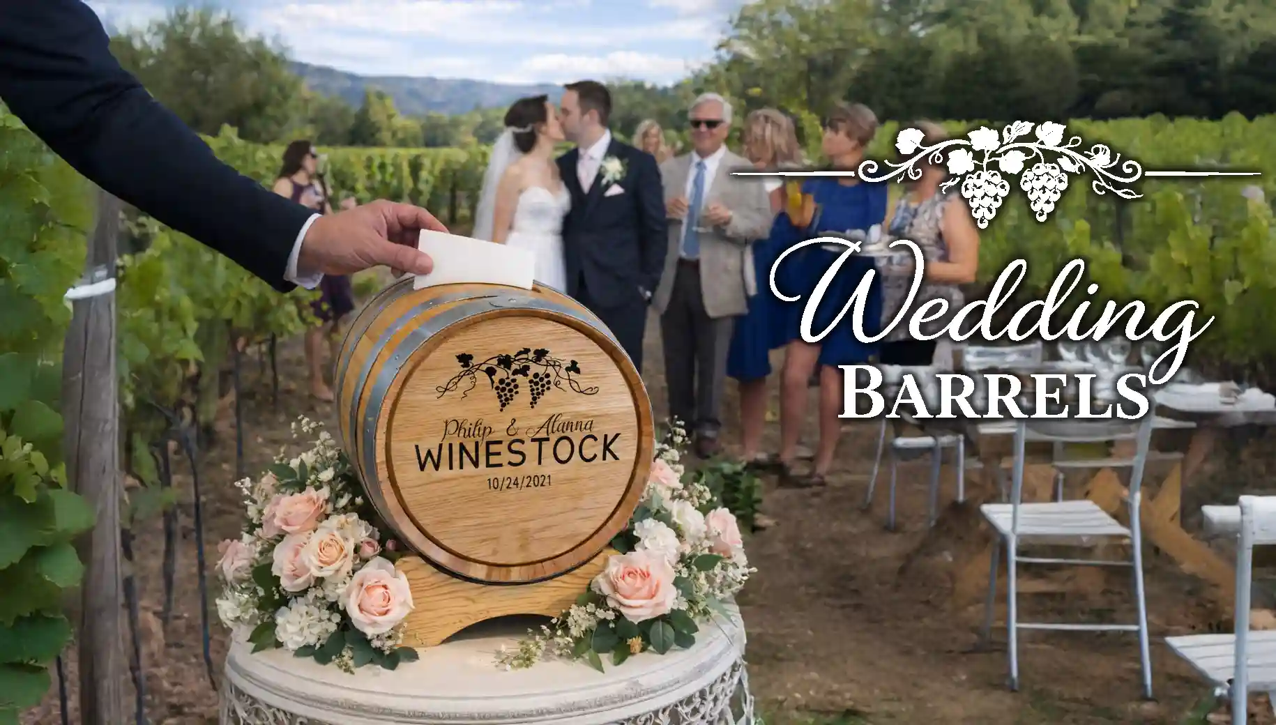 Wedding barrel card collector on decorated table at winery reception with bride and groom in background