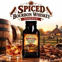 Alt text: Spiced Bourbon Whiskey Essence packet with a glass of bourbon, cinnamon sticks, star anise and warm spices in a rustic Kentucky distillery setting.