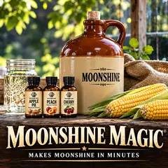 Moonshine Magic kit featuring a ceramic moonshine jug, Apple Pie, Peach and Cherry premium essences, mason jar and fresh corn for making moonshine at home.