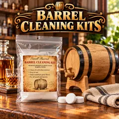 Small oak barrel cleaning kit with cleaning tablets for removing residue and maintaining whiskey, bourbon and spirit aging barrels.