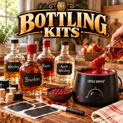 Home spirit bottling kits with glass whiskey bottles, chalkboard labels and Little Dipper® bottle waxing kit for sealing bottles with wax.