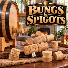 Oak barrel bungs and wooden spigots for small whiskey aging barrels, shown with an oak barrel and replacement barrel accessories.