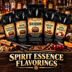 Variety pack of spirit essence flavorings including Tennessee Whiskey, Bourbon, Rye, and Irish Whiskey flavors displayed in front of a luxury bar backdrop.