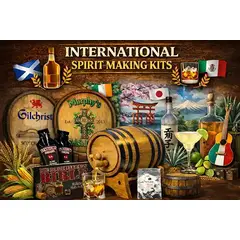 International spirit making kits featuring oak aging barrels, Scotch whisky, Irish whiskey, Japanese-inspired spirits, Mexican-style tequila elements, grains, and global-themed ingredients displayed on a rustic wooden background.
