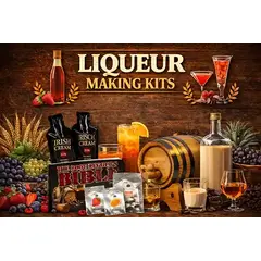 Liqueur making kits with small oak aging barrel, flavored essence packets, Irish cream mix, fruit ingredients, cocktail glasses, and home DIY spirit crafting supplies on a rustic wooden background.